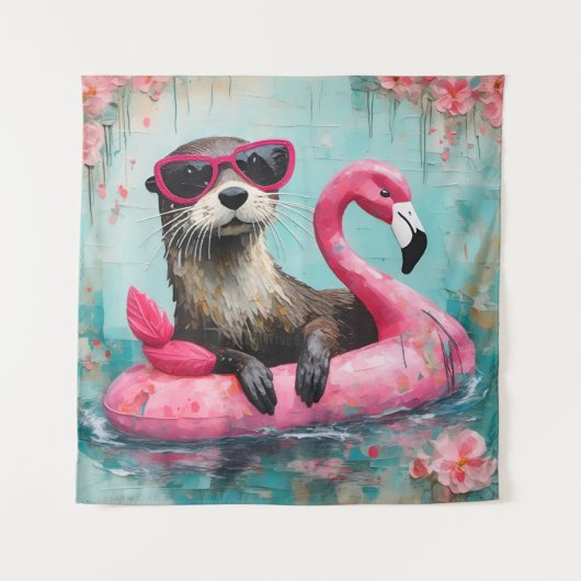 Otter Floating auf einem rosa Flamingo Funny Colla Wandteppich (Vorderseite)