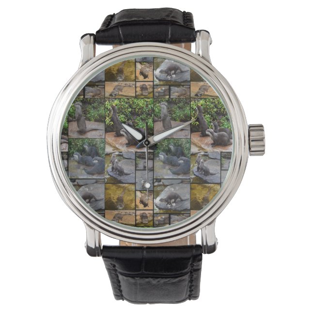 Otter Foto Collage, Mens Leather Big Face Watch Armbanduhr (Vorderseite)