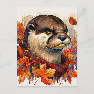 Otter Grump In Autumn Watercolor Postkarte