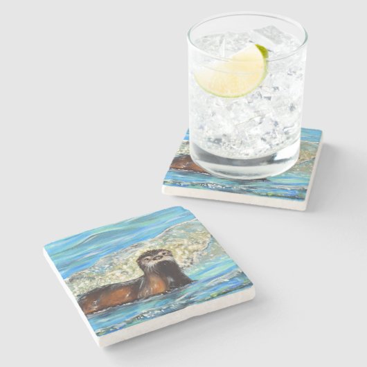 Otter in den Waves 2 Gemälde Steinuntersetzer (Seitenansicht)