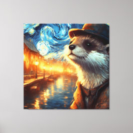 Otter in der Starry Night City Leinwanddruck