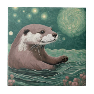 Otter in der Sternennacht und Rose Fliese