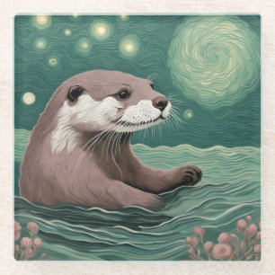 Otter in der Sternennacht und Rose Glasuntersetzer