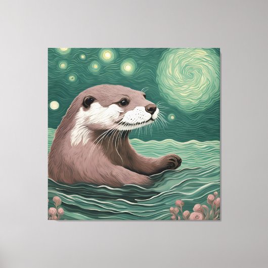 Otter in der Sternennacht und Rose Leinwanddruck (Vorderseite)