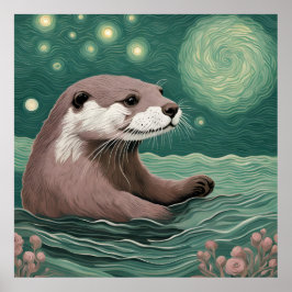 Otter in der Sternennacht und Rose Poster