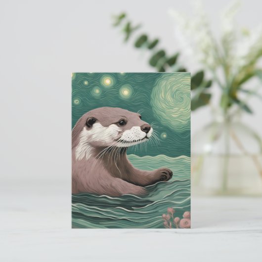 Otter in der Sternennacht und Rose Postkarte (Stehend Vorderseite)