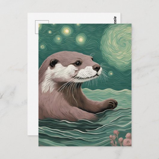 Otter in der Sternennacht und Rose Postkarte (Vorne/Hinten)