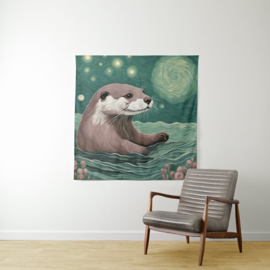 Otter in der Sternennacht und Rose Wandteppich (Beispiel)