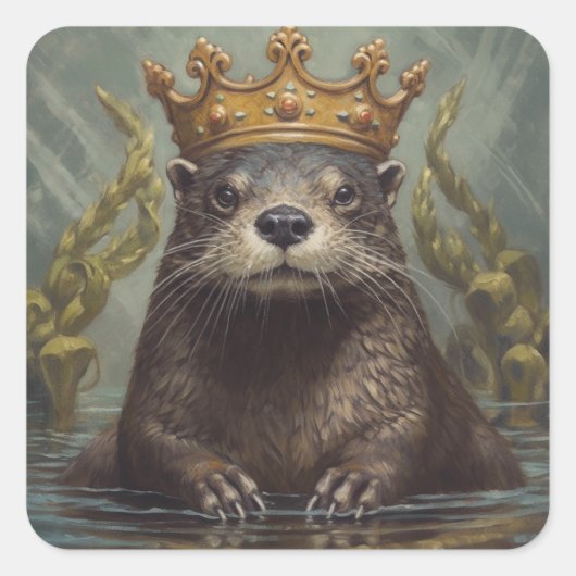 Otter in einer Krone Quadratischer Aufkleber (Vorderseite)