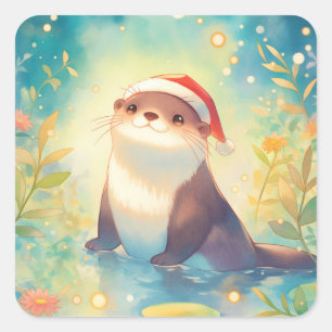 Otter in Santa-Mütze im Teich mit Blumen und Bokeh Quadratischer Aufkleber