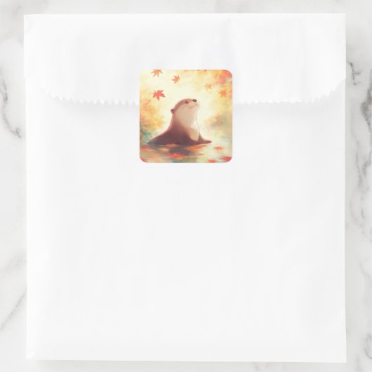 Otter in Water with Falling Autumn Maple Leaves Quadratischer Aufkleber (Tasche)