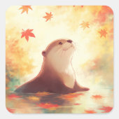 Otter in Water with Falling Autumn Maple Leaves Quadratischer Aufkleber (Vorderseite)