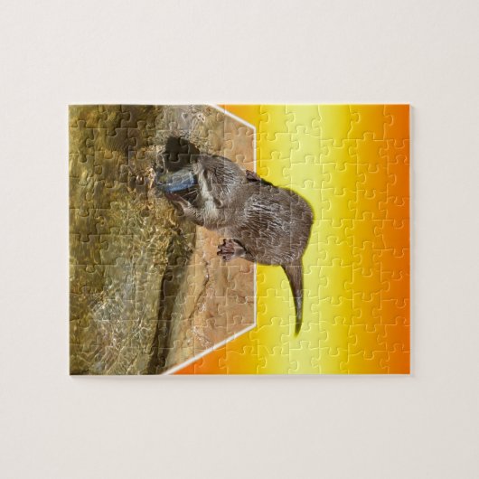 Otter isst leckeren Fisch am Teich, Puzzle (Horizontal)