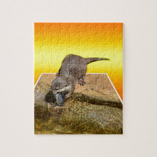 Otter isst leckeren Fisch am Teich, Puzzle (Vertikal)
