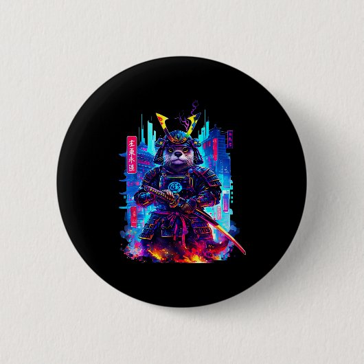 Otter Katana Cyberpunk Neon Samurai Japanese Art  Button (Vorderseite)