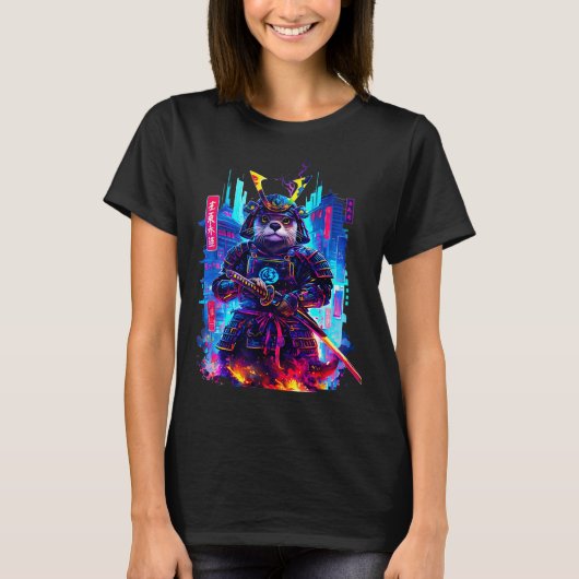 Otter Katana Cyberpunk Neon Samurai Japanese Art T-Shirt (Vorderseite)