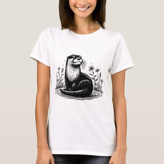 Otter Line Art Nature Illustration T-Shirt (Vorderseite)