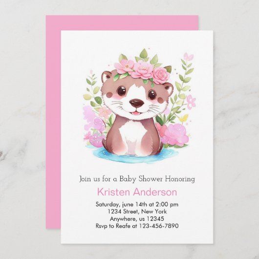 Otter Meadow Adventure Pink Girl Baby Dusche Einladung (Vorne/Hinten)