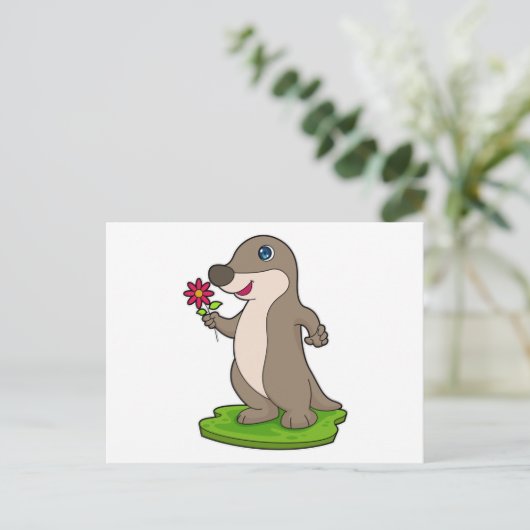 Otter mit Blume Postkarte (Stehend Vorderseite)