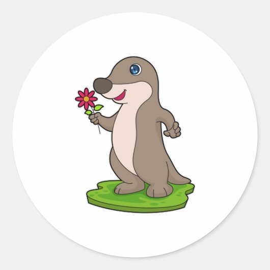Otter mit Blume Runder Aufkleber (Vorderseite)