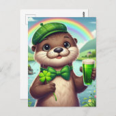 Otter mit grünem Bier, Kleeblättern und Regenbogen Postkarte (Vorne/Hinten)