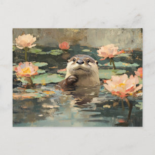 Otter mit Lotus-Blume Malerei Postkarte