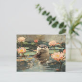 Otter mit Lotus-Blume Malerei Postkarte (Stehend Vorderseite)