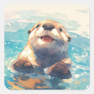 Otter plantscht durch Sonnenschein Quadratischer Aufkleber