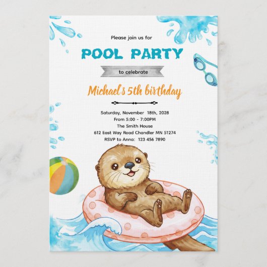 Otter-Poolparty-Geburtstagseinladung Einladung (Vorderseite)