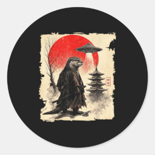 Otter-Samurai Retro-UFO japanischer Krieger Kunstg Runder Aufkleber