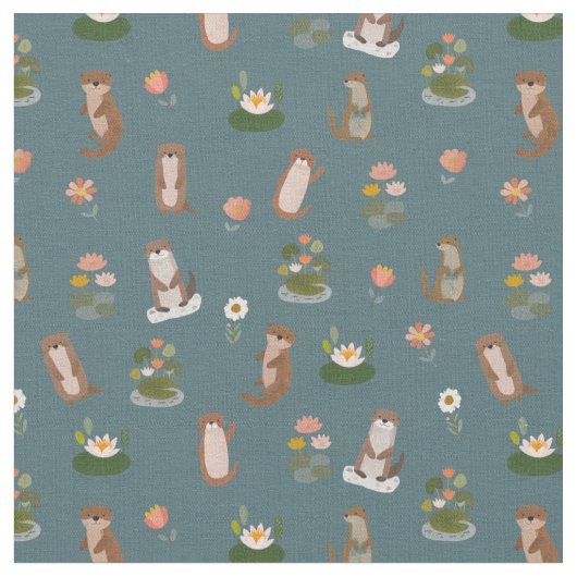 Otter & Seerosen auf dunklem Teal Stoff (Nahaufnahme)