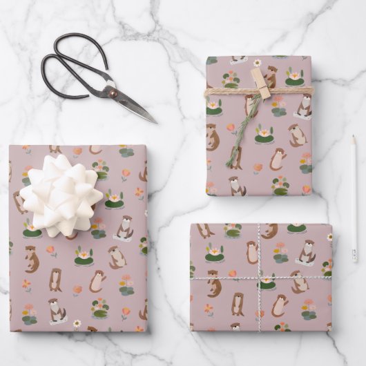 Otter & Seerosen auf Hellgrau-Rosa Geschenkpapier Set (Vorderseite)
