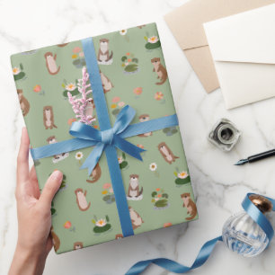 Otter & Seerosen auf Hellgrün Geschenkpapier