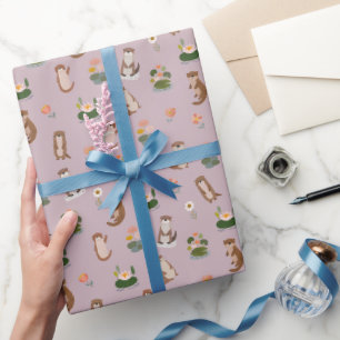 Otter & Seerosen auf Pastell-Grau-Rosa Geschenkpapier