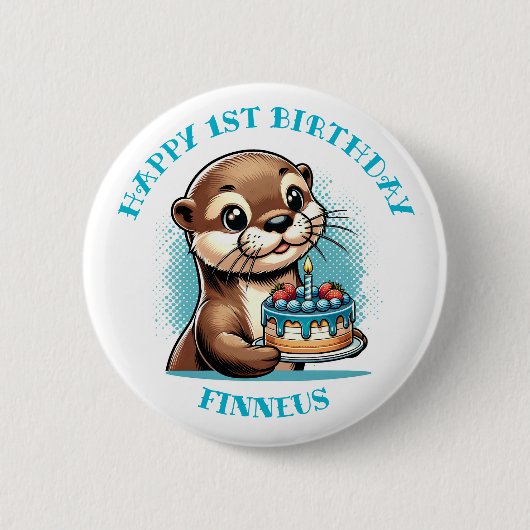 Otter Themed Boys erster Geburtstag Personalisiert Button (Vorderseite)