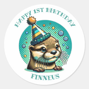Otter Themed Boys erster Geburtstag Personalisiert Runder Aufkleber