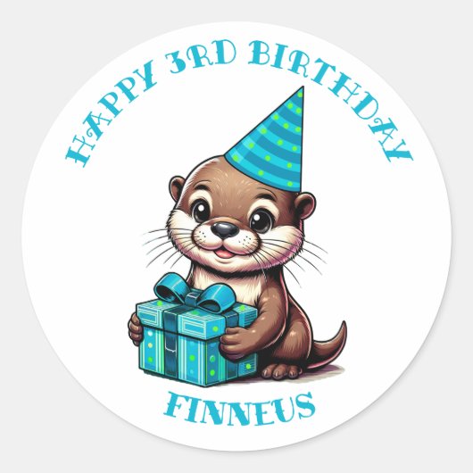 Otter Themed Boys Geburtstag Personalisiert Runder Aufkleber (Vorderseite)