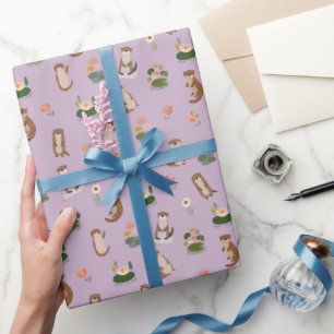 Otter und Seerosen auf rosa Lila Geschenkpapier