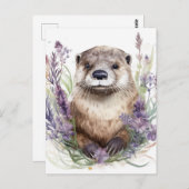 Otter und violette Blumen Wasserfarbe Postkarte (Vorne/Hinten)