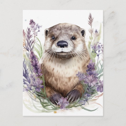 Otter und violette Blumen Wasserfarbe Postkarte (Vorderseite)