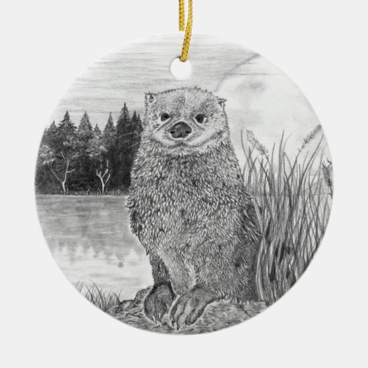 Otter Unter dem Mond am See Keramik Ornament (Vorne)