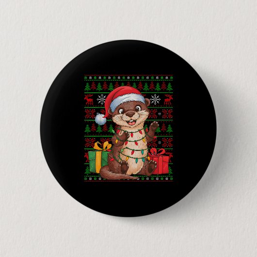 Otter Xmas Lights Ugly Santa Hat Otter Christmas Button (Vorderseite)