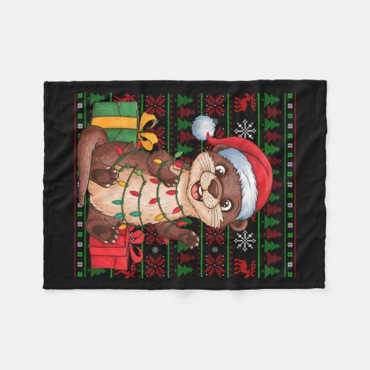 Otter Xmas Lights Ugly Santa Hat Otter Christmas Fleecedecke (Vorderseite (Horizontal))