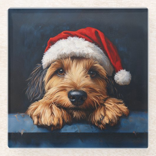Otterhound in einer Weihnachtsmannmütze Glasuntersetzer (Vorderseite)