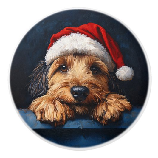 Otterhound in einer Weihnachtsmannmütze Keramikknauf (Vorderseite)