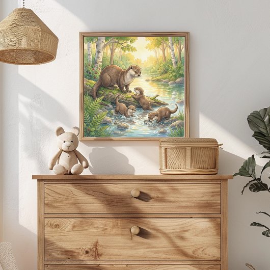 Ottermutter und Kinder-Kinderkrippe Poster