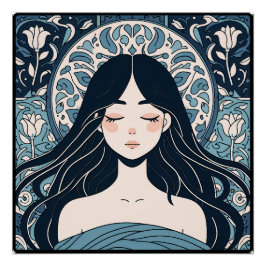 Ottoman Tile Girl - Serene Blue Floral Aura Poster