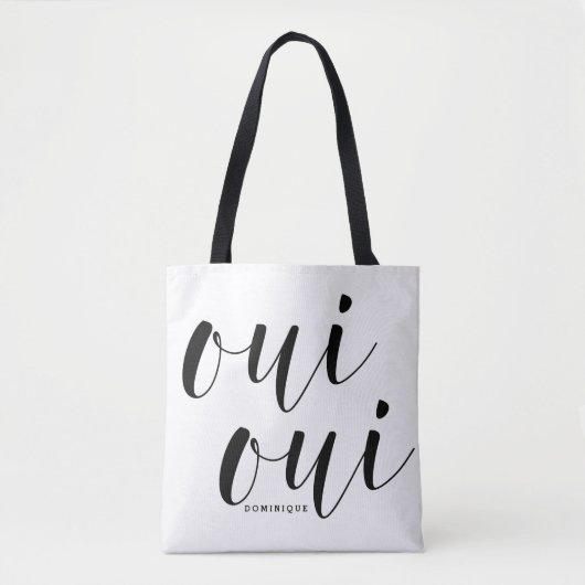 Oui Oui Black Modern Calligraphy Polka Dots Tasche (Vorderseite)