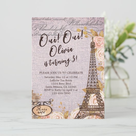 Oui Oui Dreimal Paris Geburtstag Einladung (Stehend Vorderseite)
