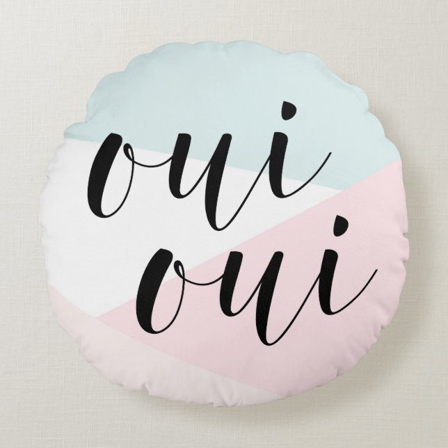 Oui Oui Modern Calligraphy Blush Geometric Rundes Kissen (Vorderseite)